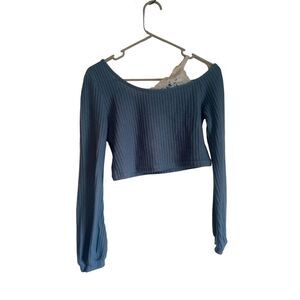 Ribbed blue built in one shoulder‎ under shirt crop top